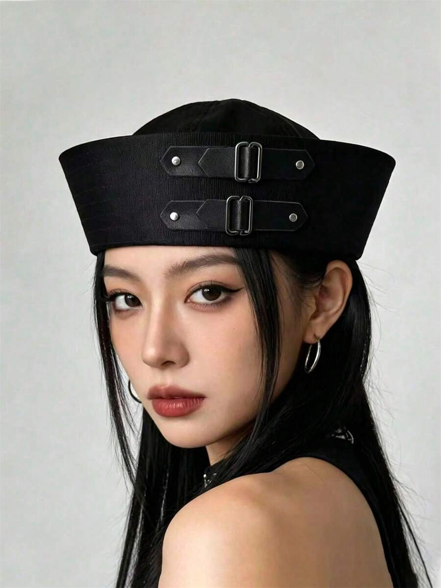 1/2件裝 女款 Y2K 黑色扣環裝飾船長帽,百搭甜美風格,適合禮物、Cosplay、海邊拍照 - A - 查看 1