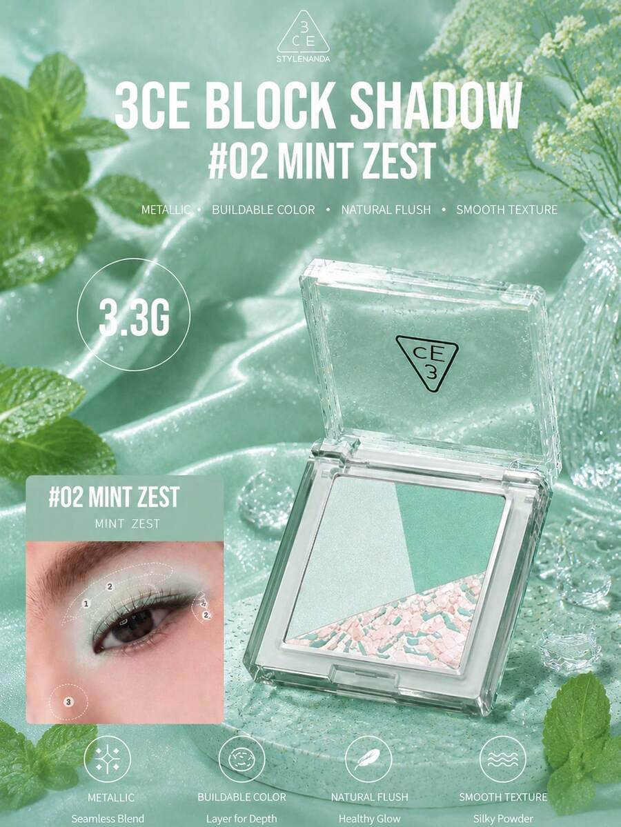 3CE Eyeshadow #02 Warna Mint 3.3g. Tersedia dalam hasil akhir matte dan berkilauan. Bedaknya halus, mudah dibaurkan tanpa berjatuhan, dan mencerahkan sudut dalam mata untuk tampilan alami tanpa riasan.