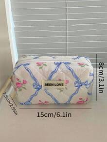 Sweet Pink Rose Blue Bow Lattice Pattern Quilted Cosmetic Bag, Portable Handheld Large Capacity Travel Makeup Organizer, Fashion Zipper Toiletry Storage Bag For Daily Trip Vacation - Multicolor - View 16