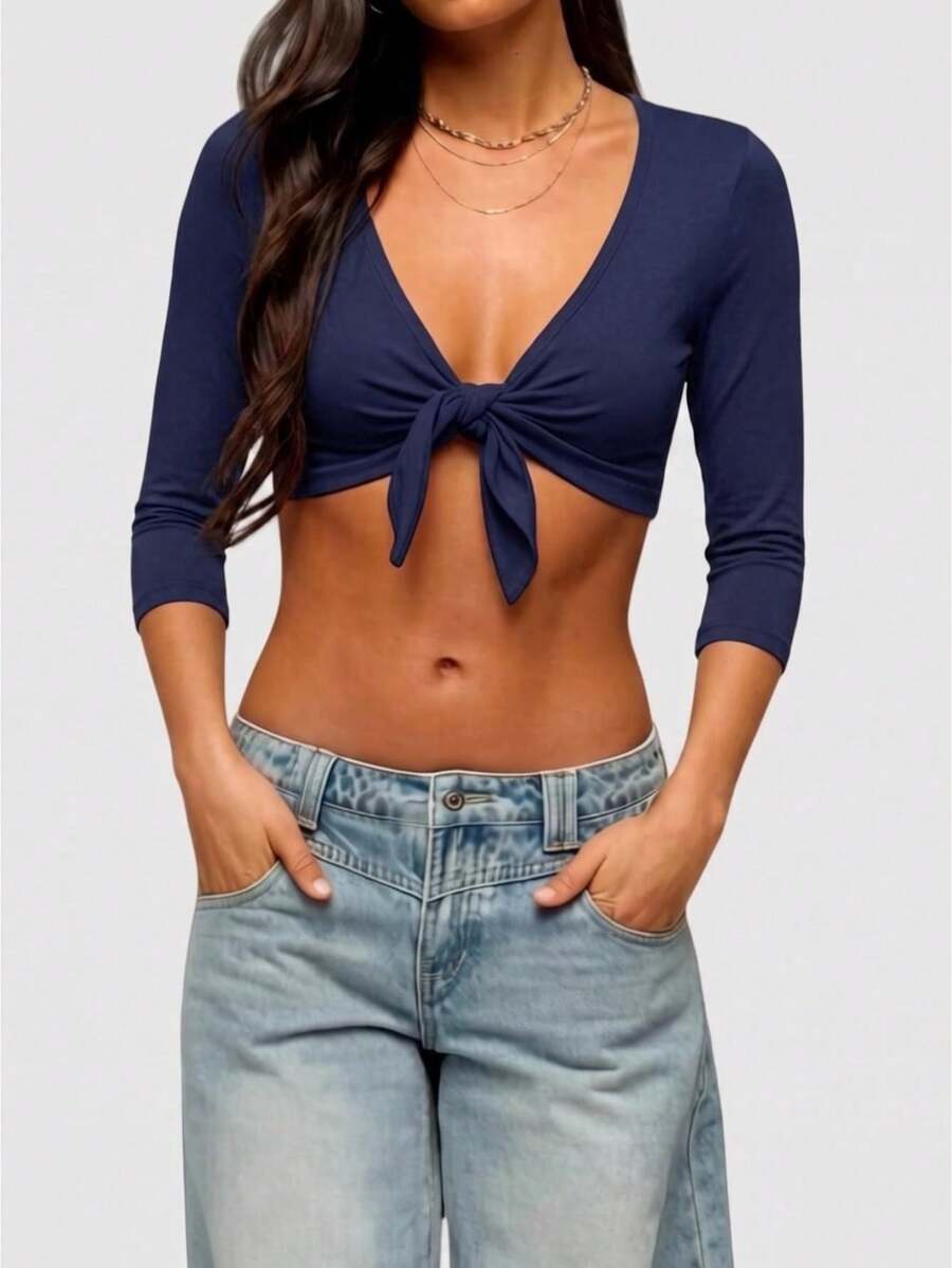 Women Y2K Ribbed Deep V Front Tie Crop Top, Three Quarter Sleeve Slim Fit Solid Color Casual Cropped Blouse - Dark Blue - View 1