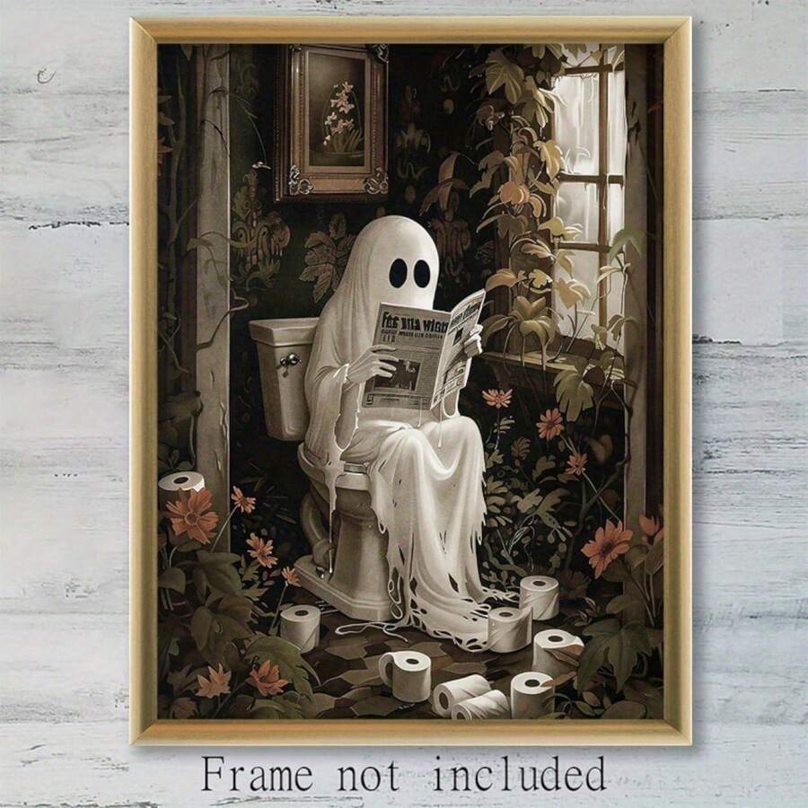 Ghost Reading Newspaper On Toilet Canvas Painting - Whimsical Bathroom Wall Decor, Vintage Gothic Poster - Dark Academia Home Office, Bedroom, Cabin Decor - Halloween Themed Unframed Art - F - View 1