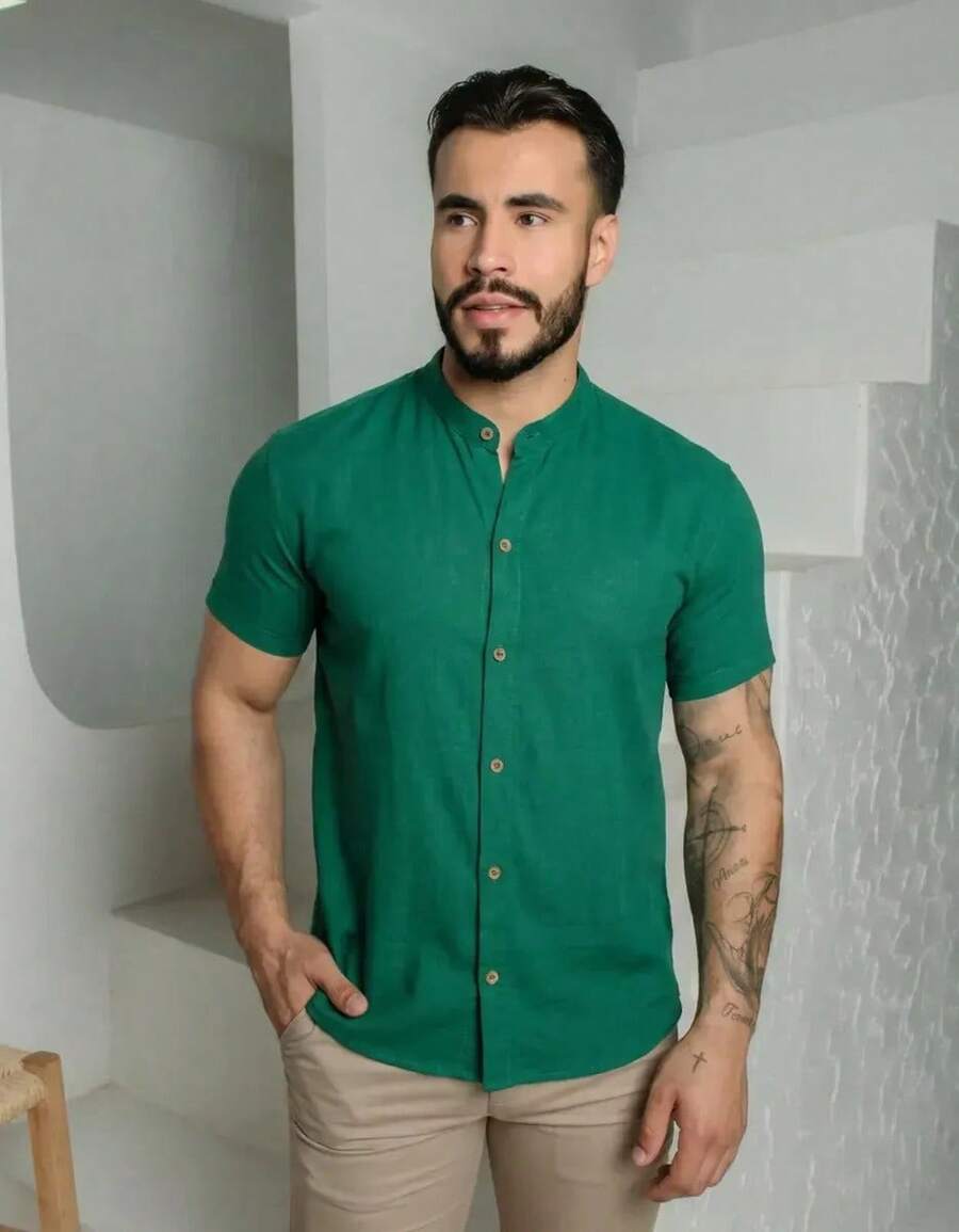 Premium Men's Short Sleeve Shirt Lightweight Easy-Iron Summer  Linen-Look PROMOTION - 綠旗 - 查看 1
