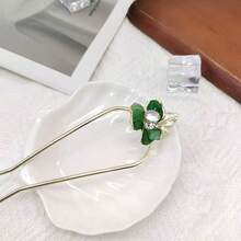 1pc Floral Print Bohemian Zinc Alloy Rhinestone Green Leaf U-Shaped Hair Pin, High-End New Chinese Style Metal Hair Stick, Vintage Fresh Hair Accessory For Updo, Suitable For All Seasons, Headband Hair Ornament - Multicolor - View 4