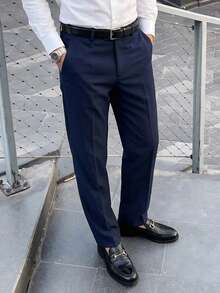 DAZY Men's Formal Black Solid Color Long Dress Pants, Gentleman's Trousers, Business Formal Style, Fall - Navy Blue - View 4
