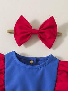 Baby Girls Autumn New Fashion Versatile Cute Dopamine Color Block Casual Bodysuit With Ruffle Hem, Bow Decor, Mesh Fabric, Matching Hair Tie, Suitable For Outdoor Wear - Multicolor - View 6