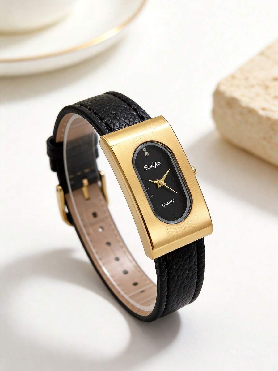 SUNLIFEX 1 PC Retro Rectangular Oval Dial Women's Jewelry Quartz Watch, PU Strap, Gold, Silver And Green Three Color Niche Light Luxury Commuting Women's Watch - Black - View 1