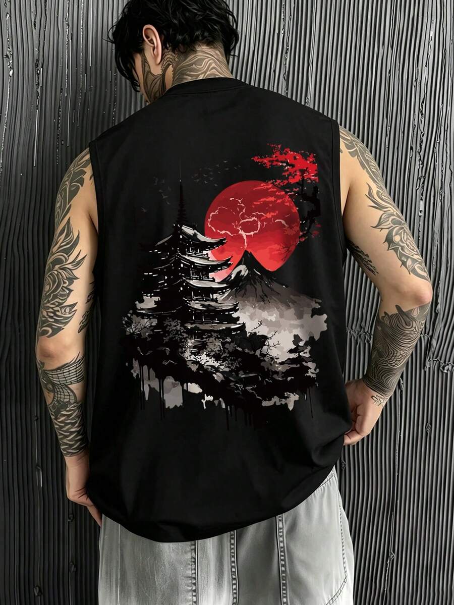 Tank Top Leher Bulat Kasual Serbaguna untuk Pria di Musim Panas dengan Motif Pemandangan Merah Plum dan Berbagai Elemen. - Hitam - View 1