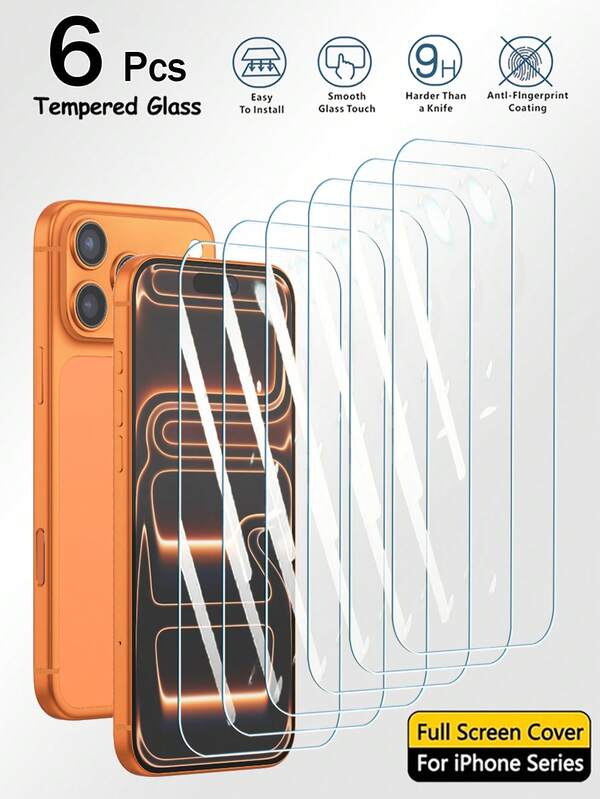 6Pcs Tempered Glass Screen Protector Compatible With IPhone 17 16 15 14 13 12 11 Pro Max Plus X XS XR 17e 16e Clear Glue Protective Glass