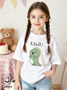 Summer & Autumn Girls' Cotton Short Sleeve T-Shirt, Cute Sweet Girly Preppy Style With Fun Printed Graphics - White - View 3