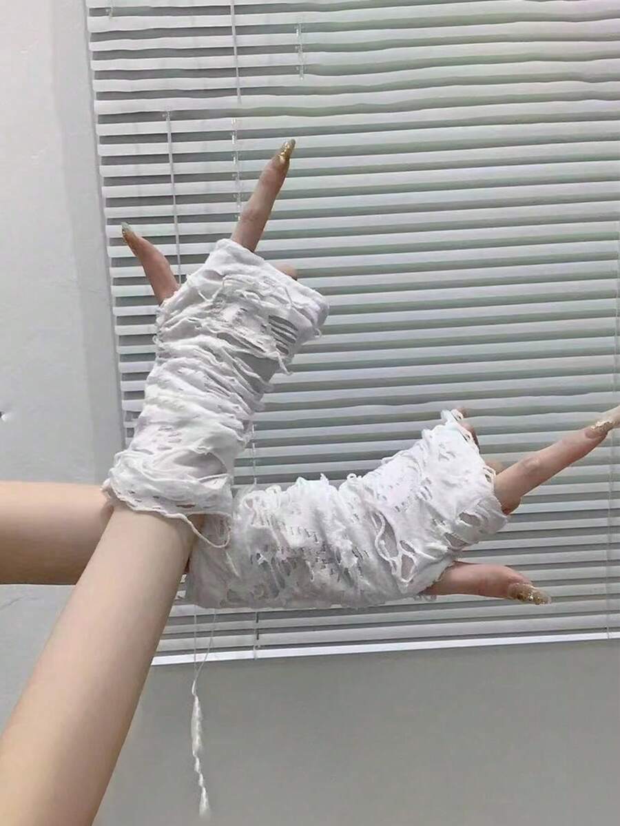1 Pair Women's Punk Fingerless Gloves Role Play Ripped Gloves Suitable For Halloween Costume Party - White 2 - View 1