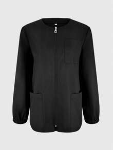 1pc Solid Color Elegant Woven Fabric Black Round Neck Full Zip Jacket Women, Cuffed Long Sleeve Multi-Pocket Front Workwear Service Industry Uniform Minimalist Work Shirt Spring Autumn - Black - View 2
