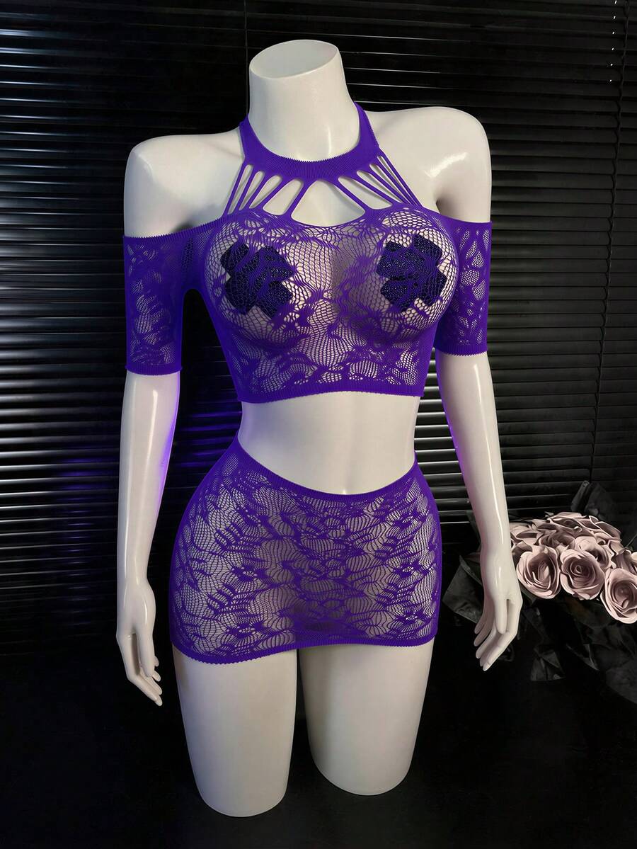 內衣套裝/角色扮演服裝,外罩衫,魚網連身衣兩件式睡衣比基尼 - 紫羅蘭色 - 查看 1