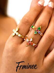 Frminee 3pcs/1pc 18k Gold Color Women's Cross Stainless Steel Open Ring, Luxury Waterproof Women's Jewelry Accessory, Suitable For Daily Wear - Multicolor - View 4