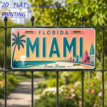 2D Flat, 1pc, Metal Vintage License Plate Decor, Miami Theme, Suitable For Living Room, Entryway, Man Cave, Balcony, Patio, Yard, Birthday Gift, Industrial Style Sign (Random Style) - A - View 1