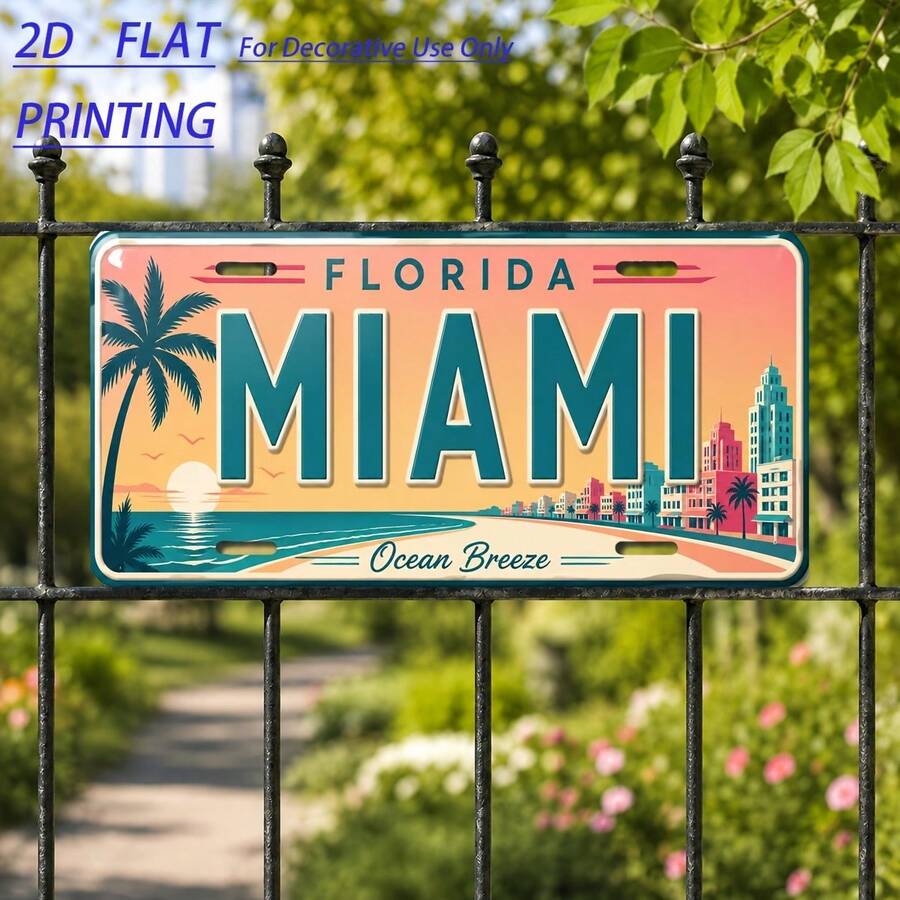 2D Flat, 1pc, Metal Vintage License Plate Decor, Miami Theme, Suitable For Living Room, Entryway, Man Cave, Balcony, Patio, Yard, Birthday Gift, Industrial Style Sign (Random Style) - A - View 1