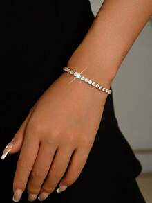 1pc Women's Tennis Bracelet, Single Row Sparkling Rhinestone Thin Chain, Stackable, Summer Daily Wear, Wedding Bridal Accessory - Multicolor - View 2