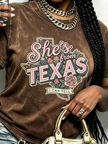 Y2K,She's From Texas Shirt, Retro Texas T-Shirt, Bluebonnet Floral Texas Girl Tee, Southern State Pride Gift, Shes From Texas I Can Tell Shirt - 咖啡色 - 查看 1