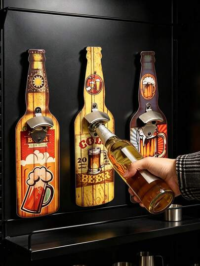 1pc Novelty Retro Aesthetic Beer Bottle Shaped Wooden Wall Mounted Bottle Opener With Metal Hardware, Vintage Bar Pub Restaurant BBQ Kitchen Wall Art Hanging Decor, Home Party Soda Beer Cap Remover Ornament, All-Season Daily