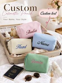 Personalized Canvas Makeup Bag, Heart Print, Fashionable Makeup Storage Bag, Customized Name Travel Storage Bag, Women's Fashionable Makeup Storage Bag - Multicolor - View 6
