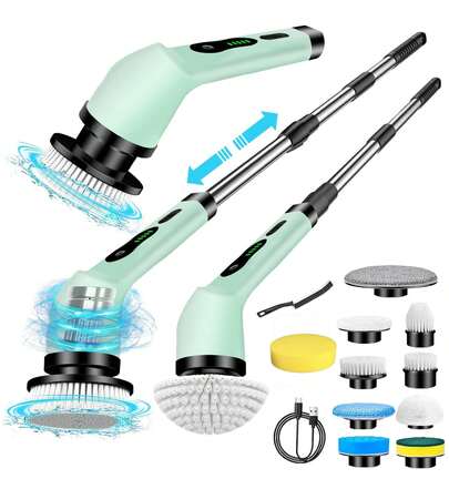 IAGREEA Electric Rotating Cleaning Brush, Cordless Cleaning Brush, Shower Cleaning Brush, Equipped With 9 Or 6 Brush Heads, 2 Hours Battery Life, Dual Speed Adjustment, Adjustable Extension Pole, 360° Cordless Cleaning Brush, Suitable For Bathroom, Bathtub, Tile, Equipped With USB-C Charging Cable, Rotating Cleaning Brush, 2000mAh Battery