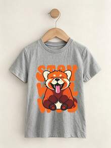 3pcs Grey Kids Short Sleeve Tees DTG Rainbow Music Hand Guazi Pet Corgi Cute Red Panda Cartoon Letter Print Soft Casual Tops - Gray + Gray + Gray - View 2