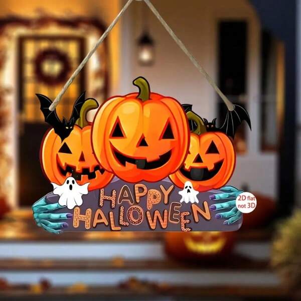 2D płaska wisząca dekoracja na Halloween – 1 szt. tabliczka Happy Halloween z motywem dyni i nietoperza, w stylu farmhouse, vintage, drewniana dekoracja na drzwi/ścianę, do wnętrz i na zewnątrz, dekoracja imprezowa, bez zasilania, z łatwym zawieszeniem na pierścieniu i sznurku