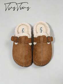 Women's New Winter Ultra-Light Fleece Lined Half-Slip Thick Sole Loafers, Vacation And Home Wear, Casual Retro Mori Punk Style - Brown - View 3