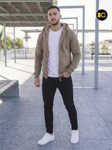 Big City Sudadera De Hombre Con Forro Borrega y Capucha Hoodie! Con Cierre y Basicas con estampado casual de Moda - Biege - Ver 5