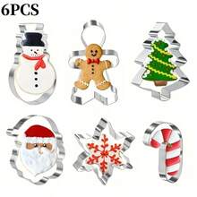 6PCS/1Set Cetakan Kue Natal Stainless Steel Bentuk Pohon, Permen Tongkat, Manusia Kue Jahe, Kepingan Salju, Alat Pemanggang, Cetakan Pemotong DIY Multi-Gaya Natal - View 3