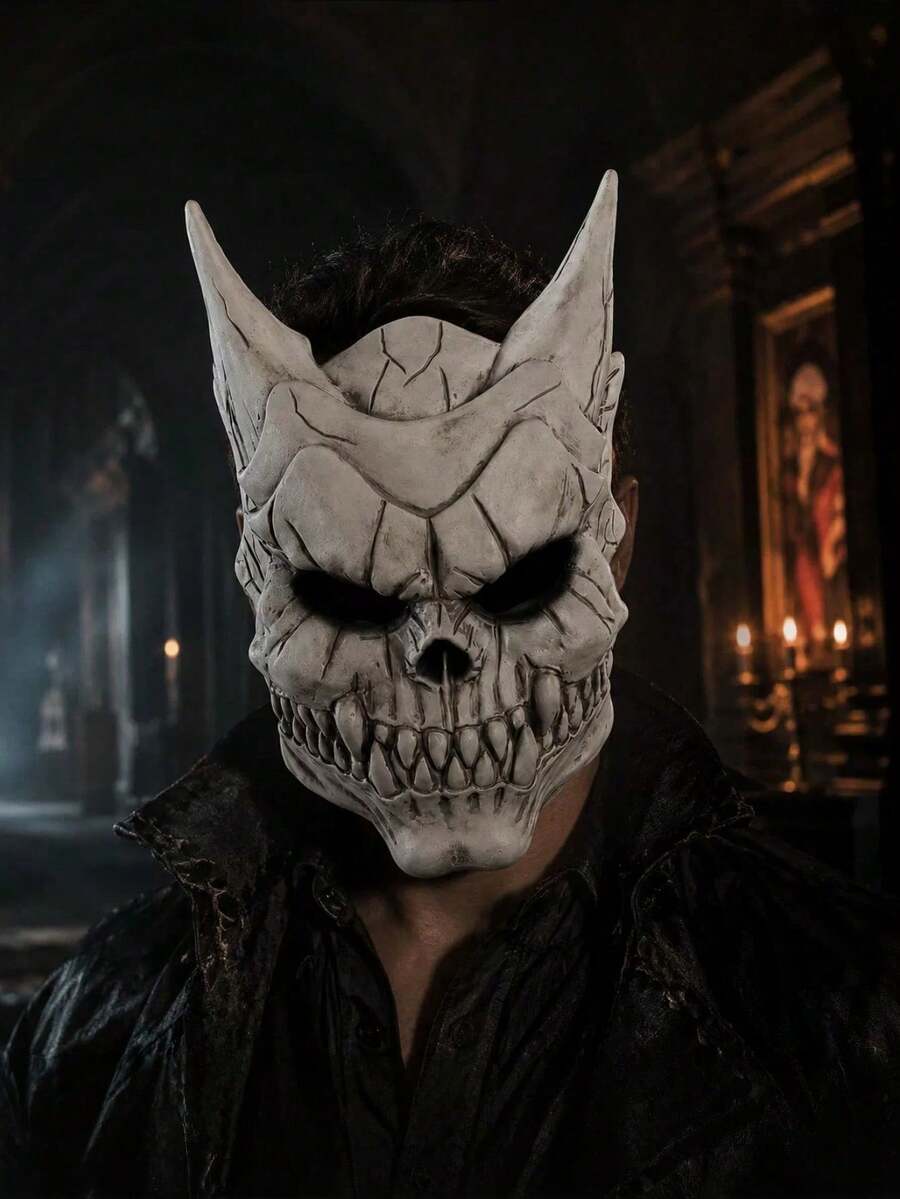 1pc Halloween Half Face Skeleton Latex Mask, Funny Cosplay Prop For Haunted House Party, Role Play Party Supplies - One Size Fits All - View 1