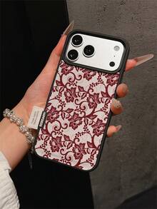 1pc Premium Fashion Full-Screen Personalized Red Lace Floral Pattern Phone Case, Full Coverage Shockproof Soft Shell With Large Camera Hole, Compatible With Apple 17 Pro Max/11/12/13/14/15/16 Pro Max/17 And Other Models, Holiday Gift - Multicolor - View 2