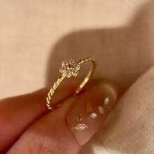 French Minimalist Twisted Rope Zirconia Flower Ring, Adjustable 18K Gold Plated, Versatile Commuter Finger Ring For Women - Gold - View 2