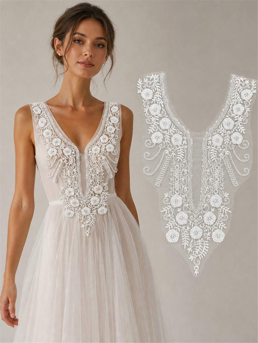 1pc Women's White Transparent Organza Floral Applique With Embroidered Edge, 3D Flower Sew-On Patch For Dress DIY Decoration