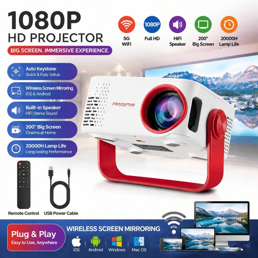 M60 Mini 投影機 1080P 支援 USB/Type-C 接口，便攜式家用劇院投影機，2.4G WiFi，60-150 吋投影