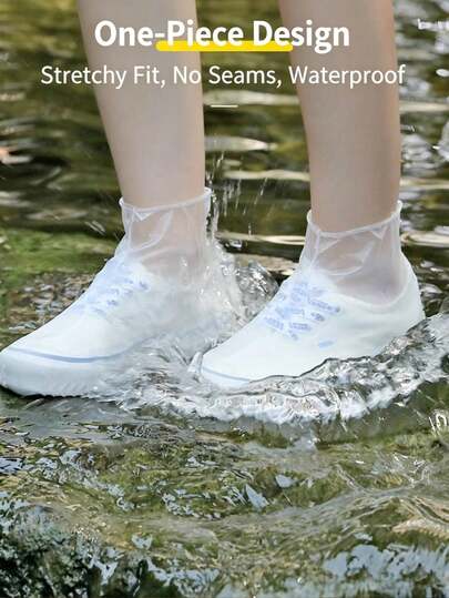 1Pair Silicone Waterproof Shoe Covers, Non-Slip Reusable Rain Overshoes With Tire Tread Sole, Portable Foldable Shoe Protectors For Outdoor Travel Walking Cycling