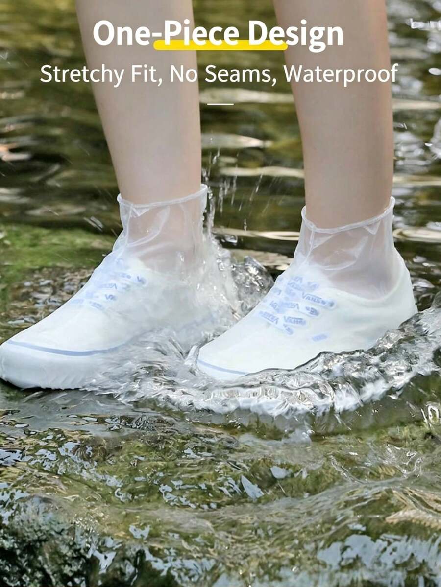 1Pair Silicone Waterproof Shoe Covers, Non-Slip Reusable Rain Overshoes With Tire Tread Sole, Portable Foldable Shoe Protectors For Outdoor Travel Walking Cycling - Silicone Version - View 1
