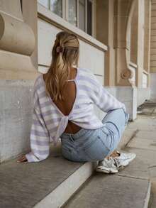 Women's Knitted Striped Long Sleeve Backless Pullover Sweater, Suitable For Autumn And Spring - Mauve Purple - View 3