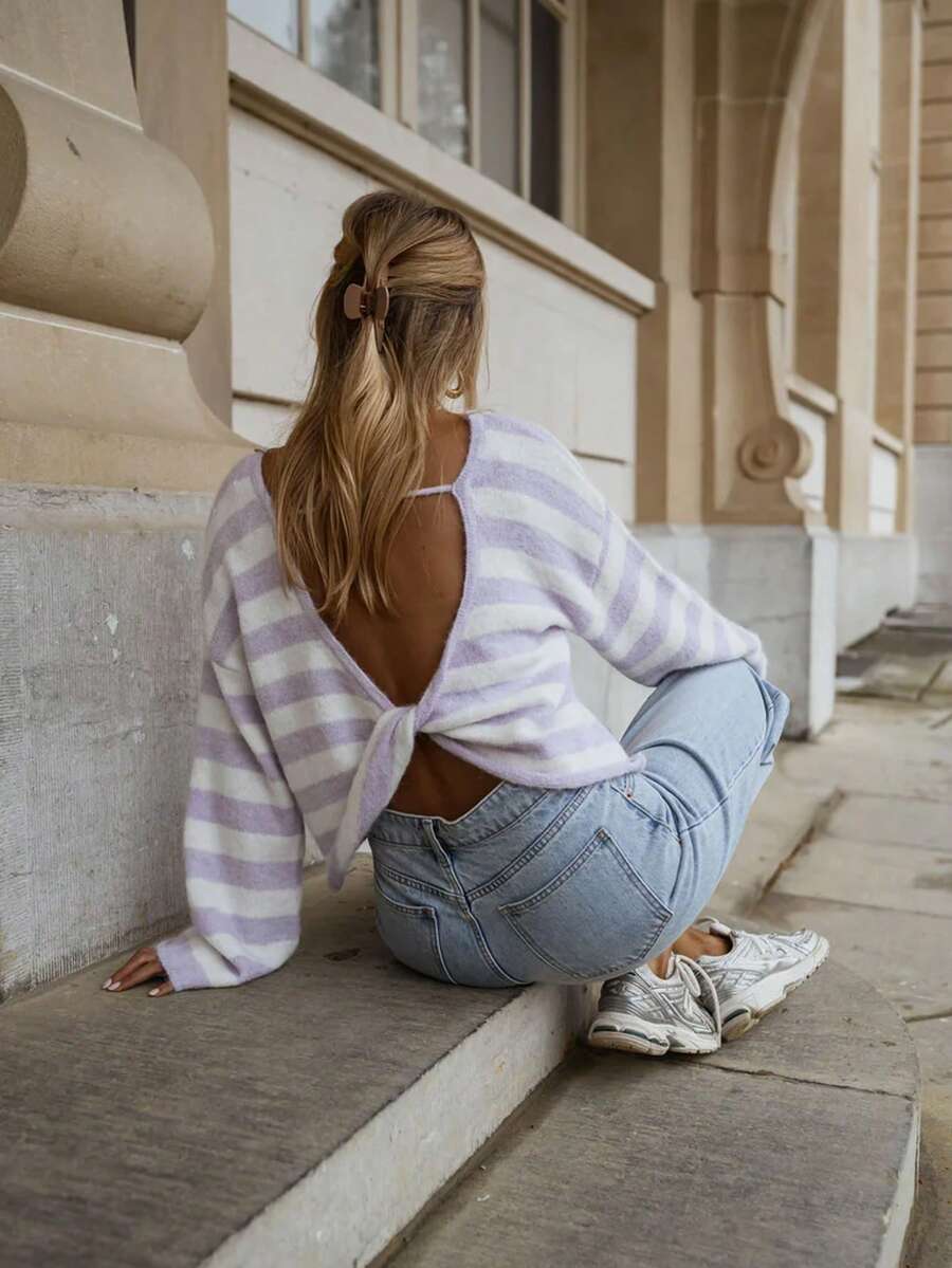 Women's Knitted Striped Long Sleeve Backless Pullover Sweater, Suitable For Autumn And Spring - Mauve Purple - View 1