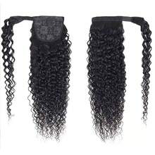 BINF Afro Curly Ponytail Brazilian Human Hair Wrap Around Clip In Hairpiece Remy Pony Tail Body Wave Ponytail Straight Ponytail Magic Wrap Around Ponytail Hair Extensions - Natural Black - View 3