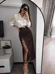 Autumn/Winter High Waist Slit Sexy Brown Lace Patchwork Elegant Long Skirt Niche Luxury - Brown - View 6