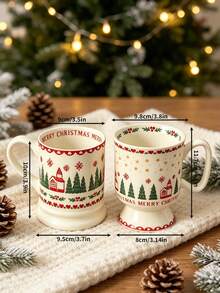 1pc Aesthetic Vintage Christmas Ceramic Mug, Retro Footed Hot Chocolate Coffee Cup With Tree & Reindeer Pattern, Festive Xmas Gift Drinkware - Christmas Ceramic Mug - View 3