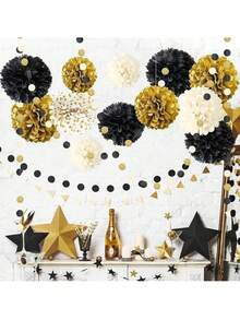 11pcs/33pcs Black & Gold Pom Pom Lantern Party Decorations - Black Gold - View 7
