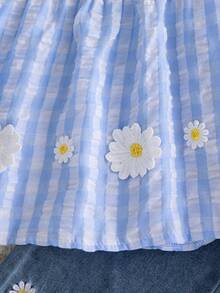 Autumn/Winter Baby Girl Cute & Stylish Blue & White Plaid Daisy Loose Set & Spring/Autumn New Puff Sleeve Top & Embroidered Denim Wide Leg Pants Outwear - Baby Blue - View 7