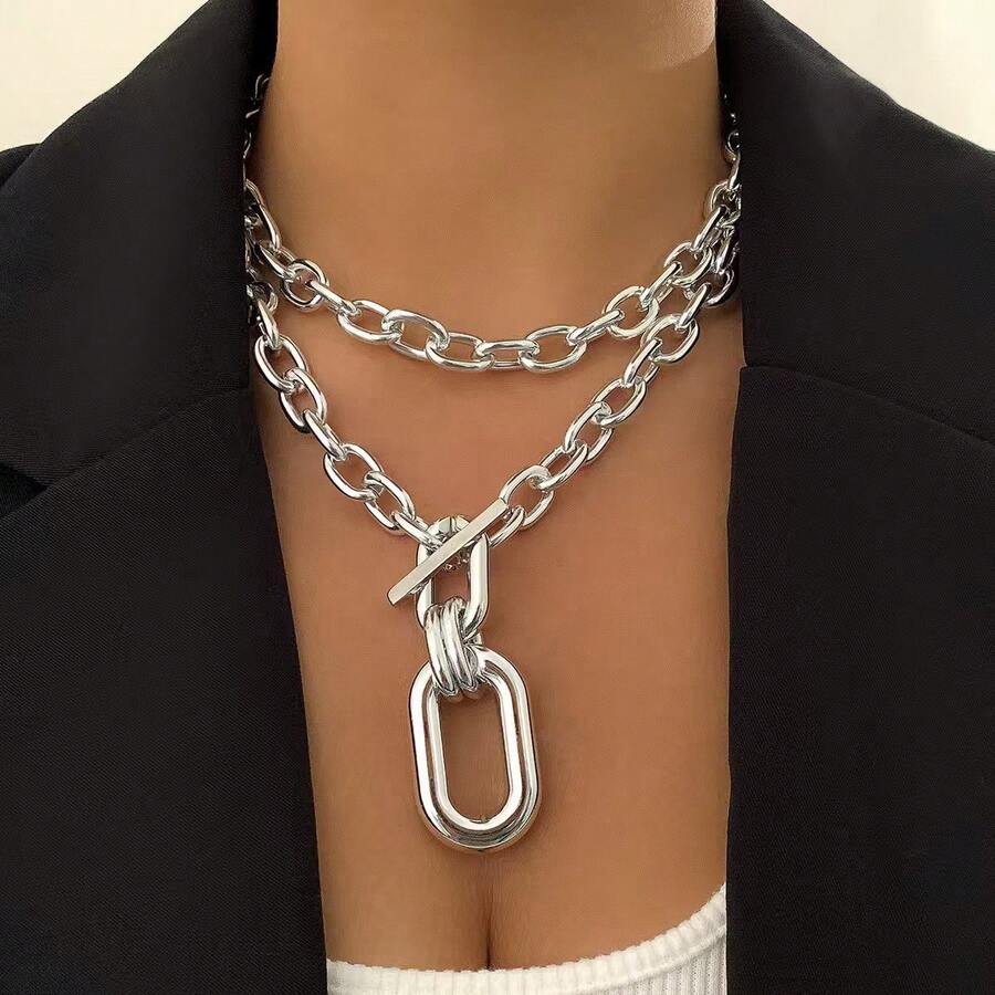 1 Stück minimalistische modische silberne Metallkette aus Zinklegierung mit Anhänger, geeignet für den täglichen Gebrauch von Frauen, kann als Schmuckaccessoire oder Geschenk verwendet werden. - Silber CCB - Übersicht 1