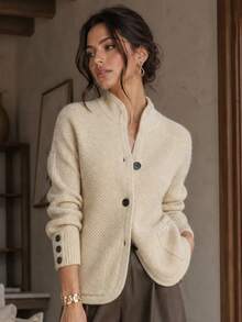 秋冬新款優雅寬鬆通勤開襟羊毛針織外套女款復古毛衣夾克 - 杏色 - 查看 2