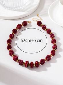 Burgundy Marble Pattern Asymmetrical Acrylic Beaded Necklace With Vintage Gold Spacer Beads, Adjustable Choker - Wine Red Ombre - View 6