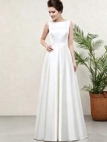 Long Satin Formal Dress, White Round Neck Backless Tie Prom Dress With Pockets,Gown Spring Fall - Beige - View 6