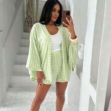 Conjunto Feminino De Kimono E Shorts No Tecido Viscolinho Tamanho Único Veste 38 ao 42 Moda Verão - Verde/Off - Visão 5