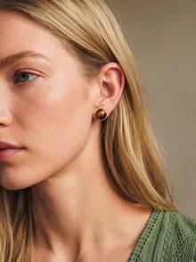 Écloséra 1pc 24K Golden Natural Stone Style Tiger Eye Stone Stud Earrings Simple Retro Temperament Earrings Ear Jewelry - Multicolor - View 1