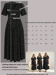 Women's Long Dress For Spring Summer Autumn, Casual Polka Dot Short Sleeve V-Neck Slit Knit Long Dress, Slit Hem Elegant Vacation Black - Black - View 7